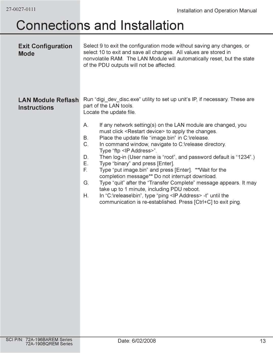 Spectrum Brands 72A-190BQREM Series, 72A-196BAREM Series Exit Configuration Mode, LAN Module Reflash Instructions 