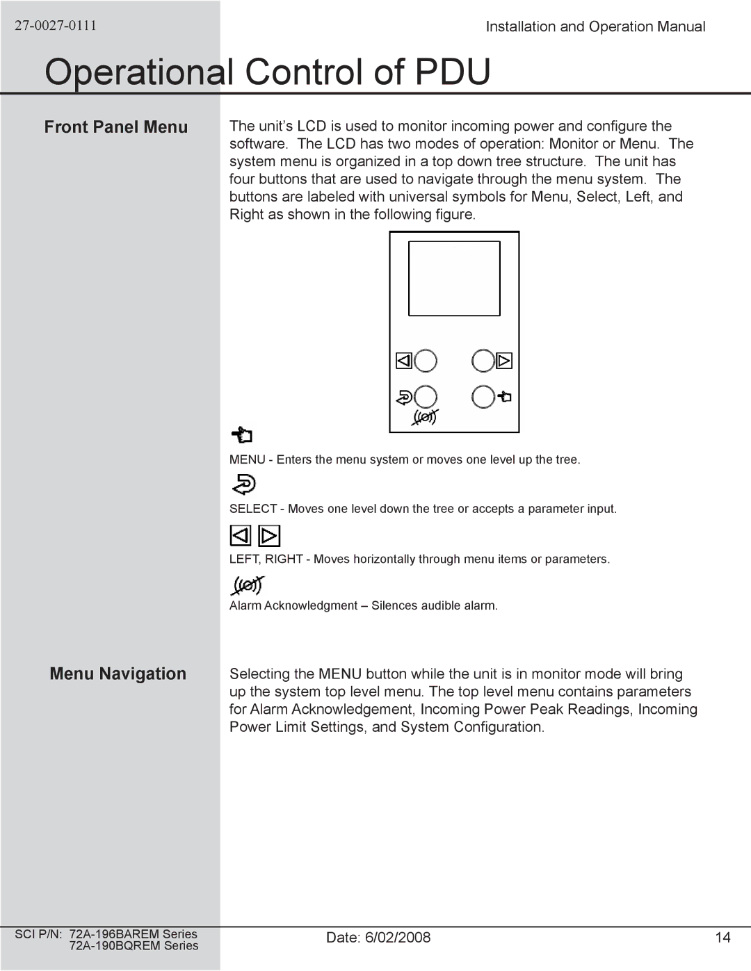 Spectrum Brands 72A-196BAREM Series, 72A-190BQREM Series Operational Control of PDU, Front Panel Menu, Menu Navigation 