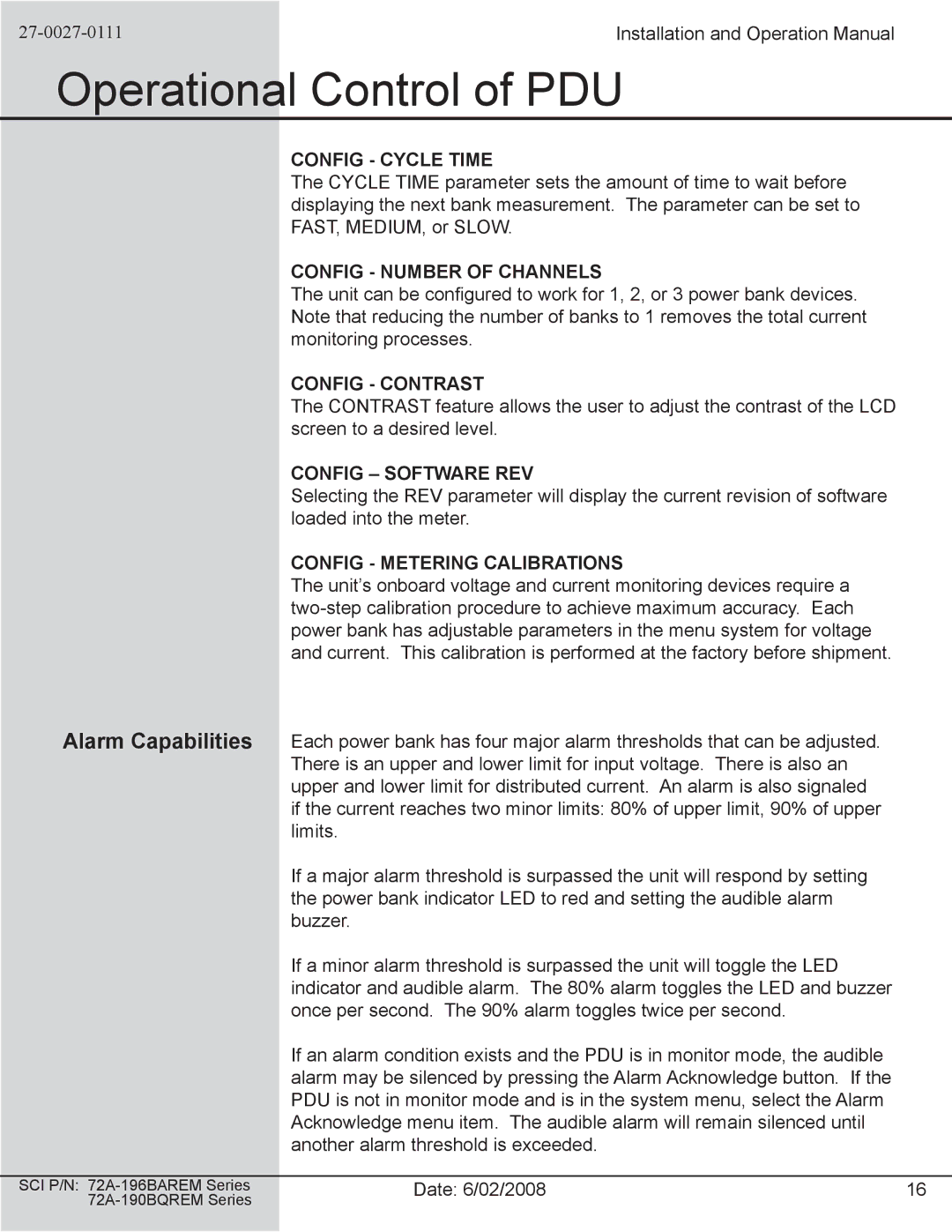 Spectrum Brands 72A-196BAREM Series, 72A-190BQREM Series operation manual Alarm Capabilities, Config Cycle Time 