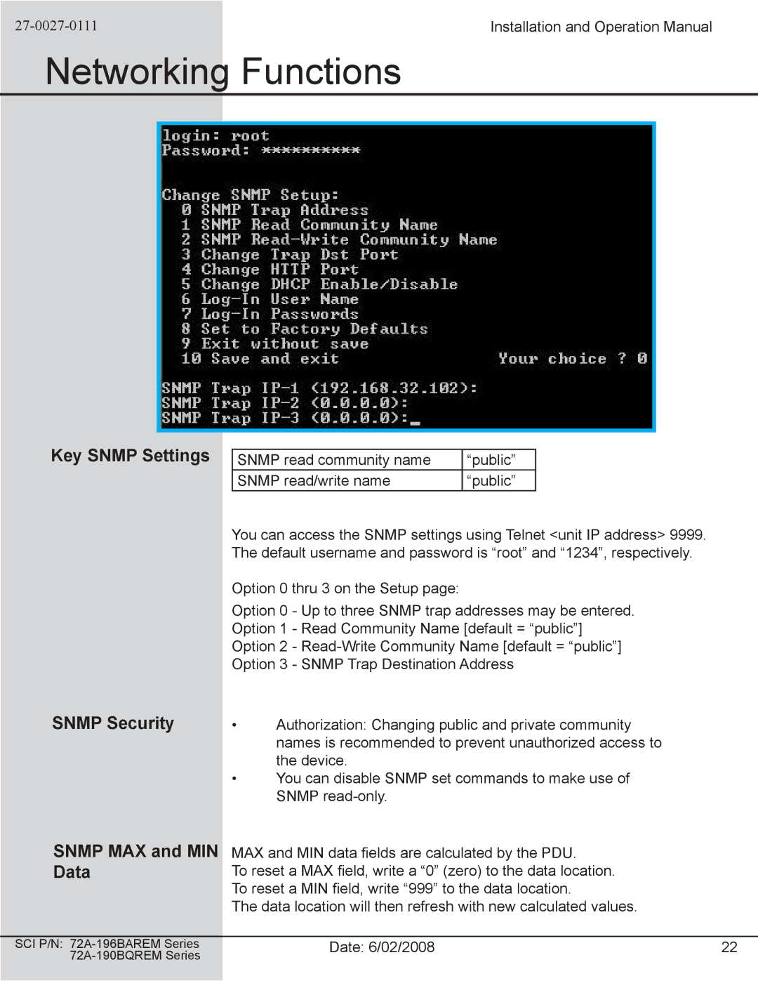 Spectrum Brands 72A-196BAREM Series, 72A-190BQREM Series Key Snmp Settings, Snmp Security, Snmp MAX and MIN Data 