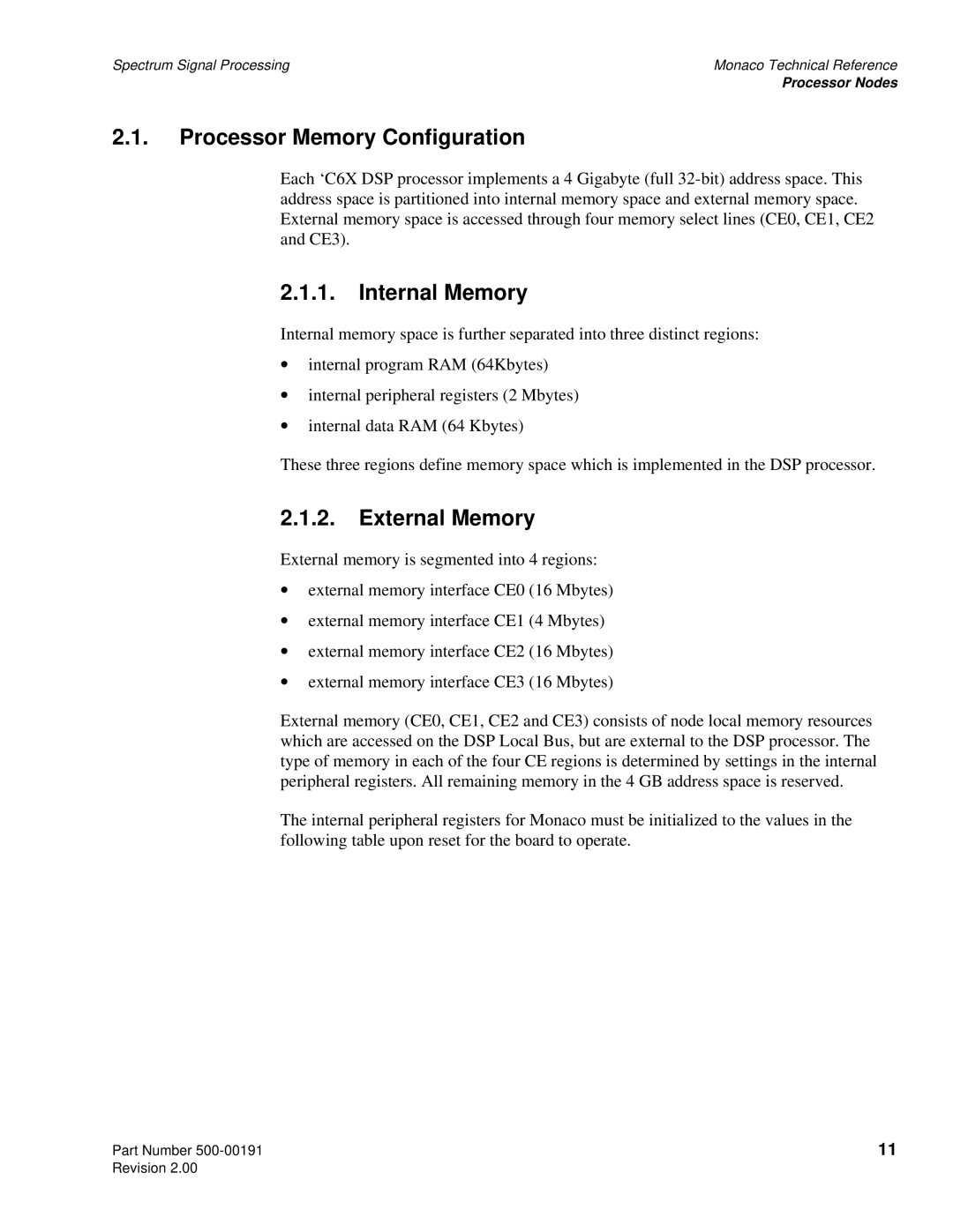 Spectrum Brands C6x VME64 manual Processor Memory Configuration, Internal Memory, External Memory 