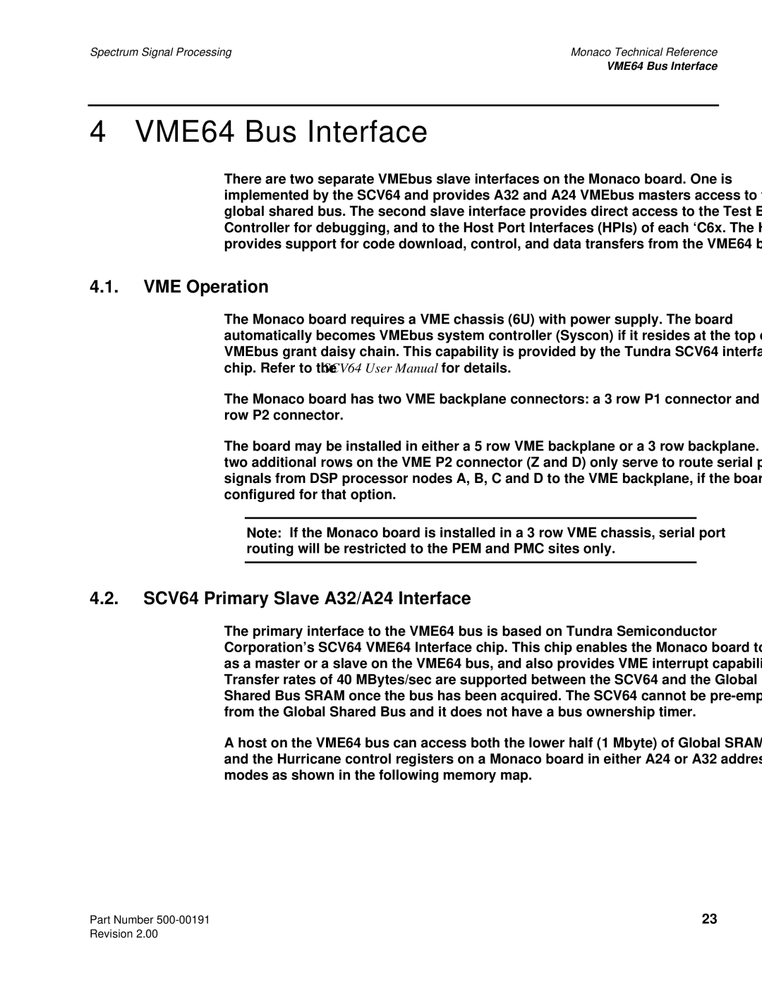 Spectrum Brands C6x VME64 manual VME64 Bus Interface, VME Operation, SCV64 Primary Slave A32/A24 Interface 