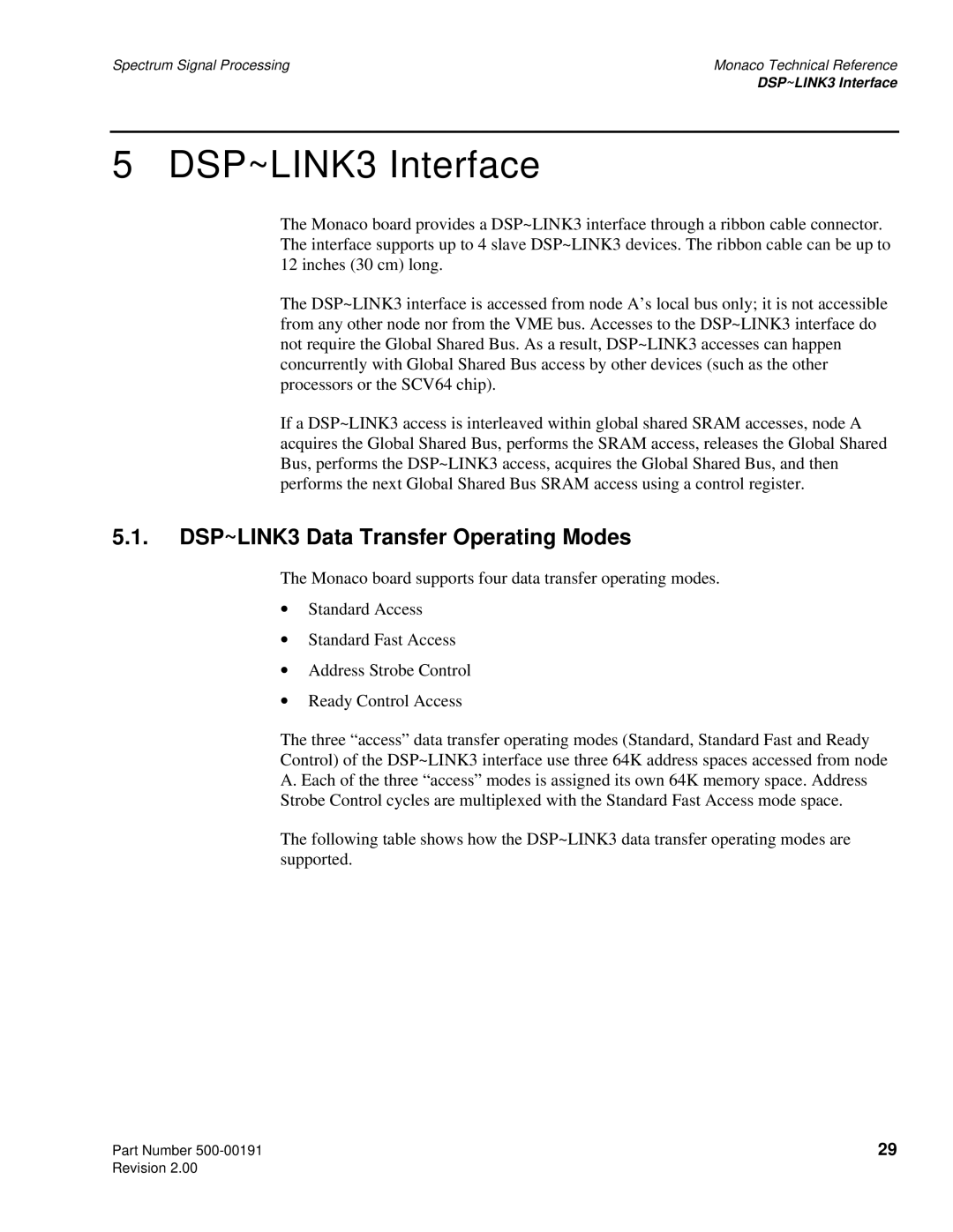 Spectrum Brands C6x VME64 manual DSP~LINK3 Interface, DSP~LINK3 Data Transfer Operating Modes 