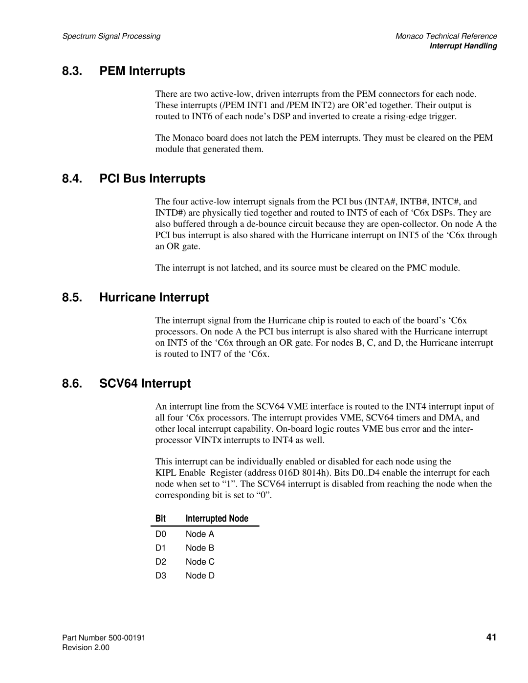 Spectrum Brands C6x VME64 manual PEM Interrupts, PCI Bus Interrupts, Hurricane Interrupt, SCV64 Interrupt, Bit 