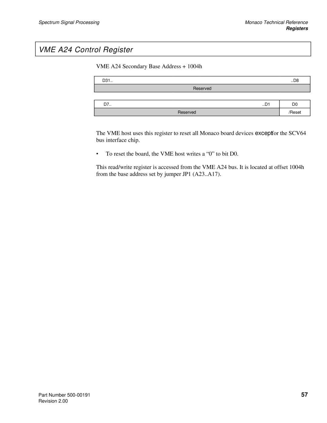 Spectrum Brands C6x VME64 manual VME A24 Control Register 