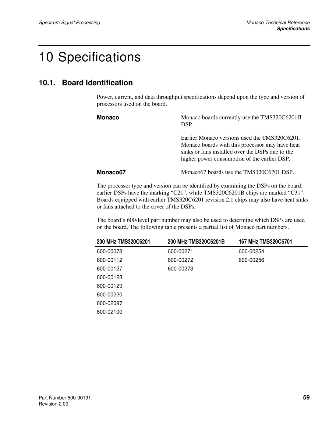 Spectrum Brands C6x VME64 manual Specifications, Board Identification, Monaco67, MHz TMS320C6701 