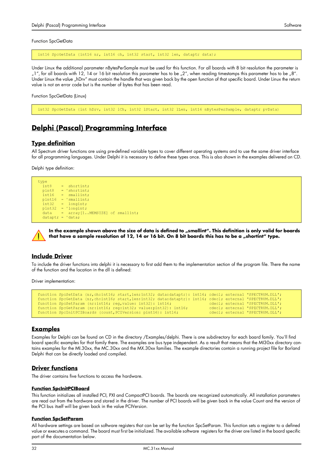 Spectrum Brands MC.31XX manual Delphi Pascal Programming Interface, Type definition, Include Driver, Examples 