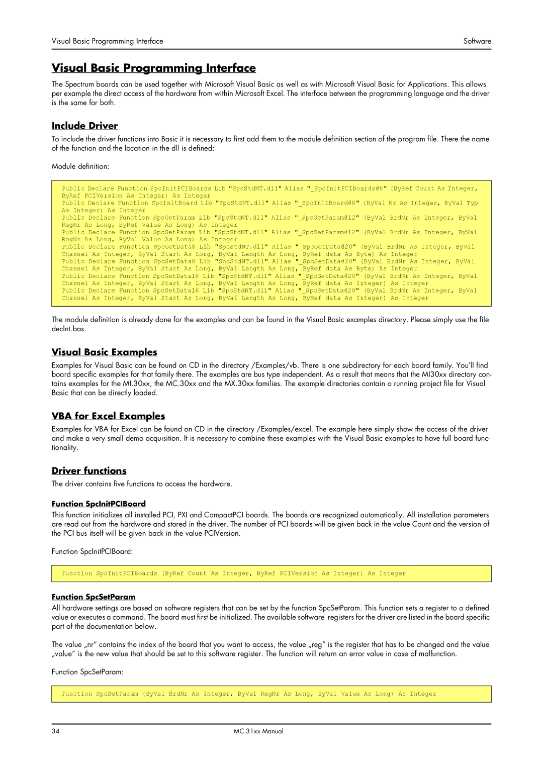 Spectrum Brands MC.31XX manual Visual Basic Programming Interface, Visual Basic Examples, VBA for Excel Examples 