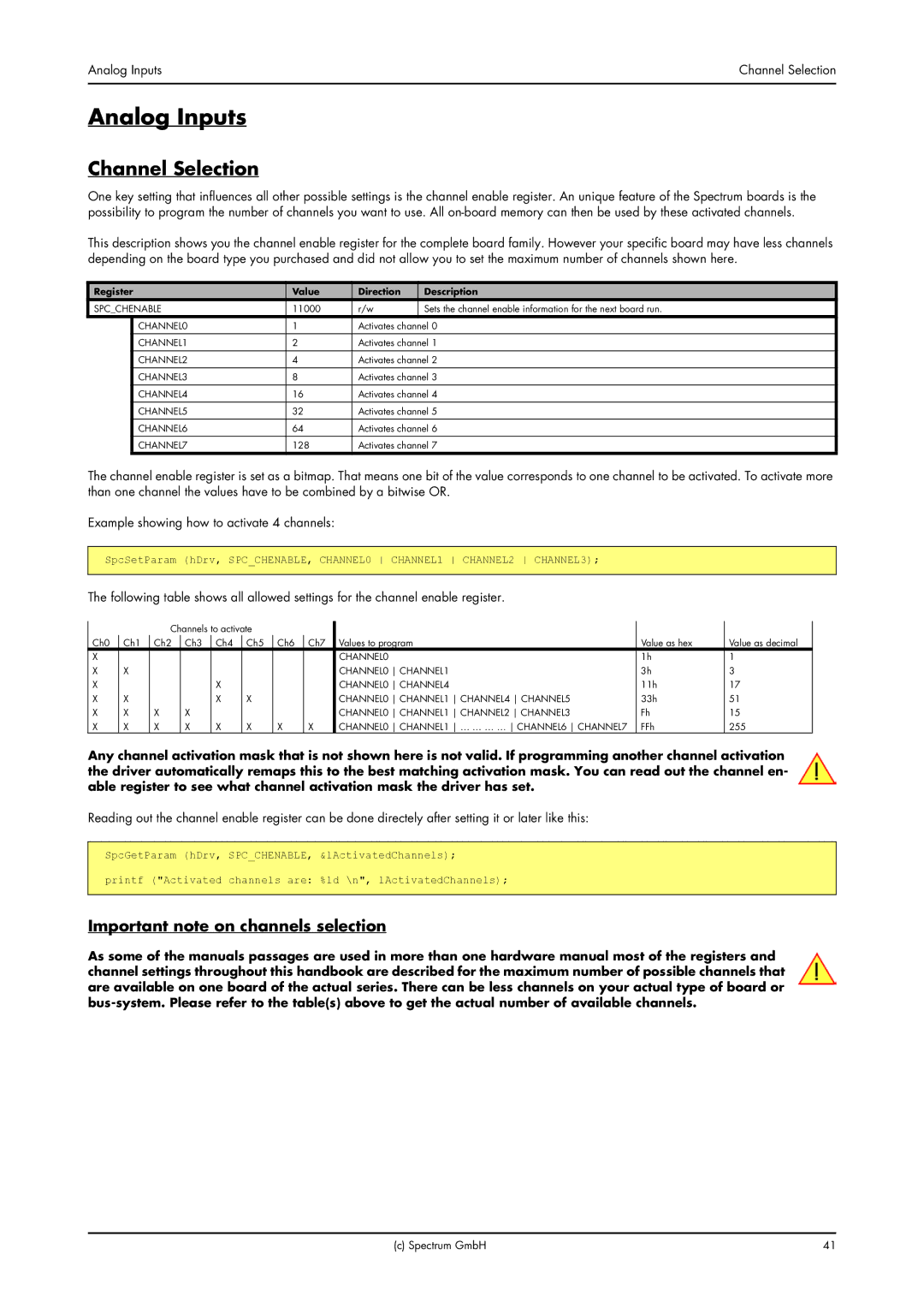 Spectrum Brands MC.31XX manual Analog Inputs, Channel Selection, Important note on channels selection 