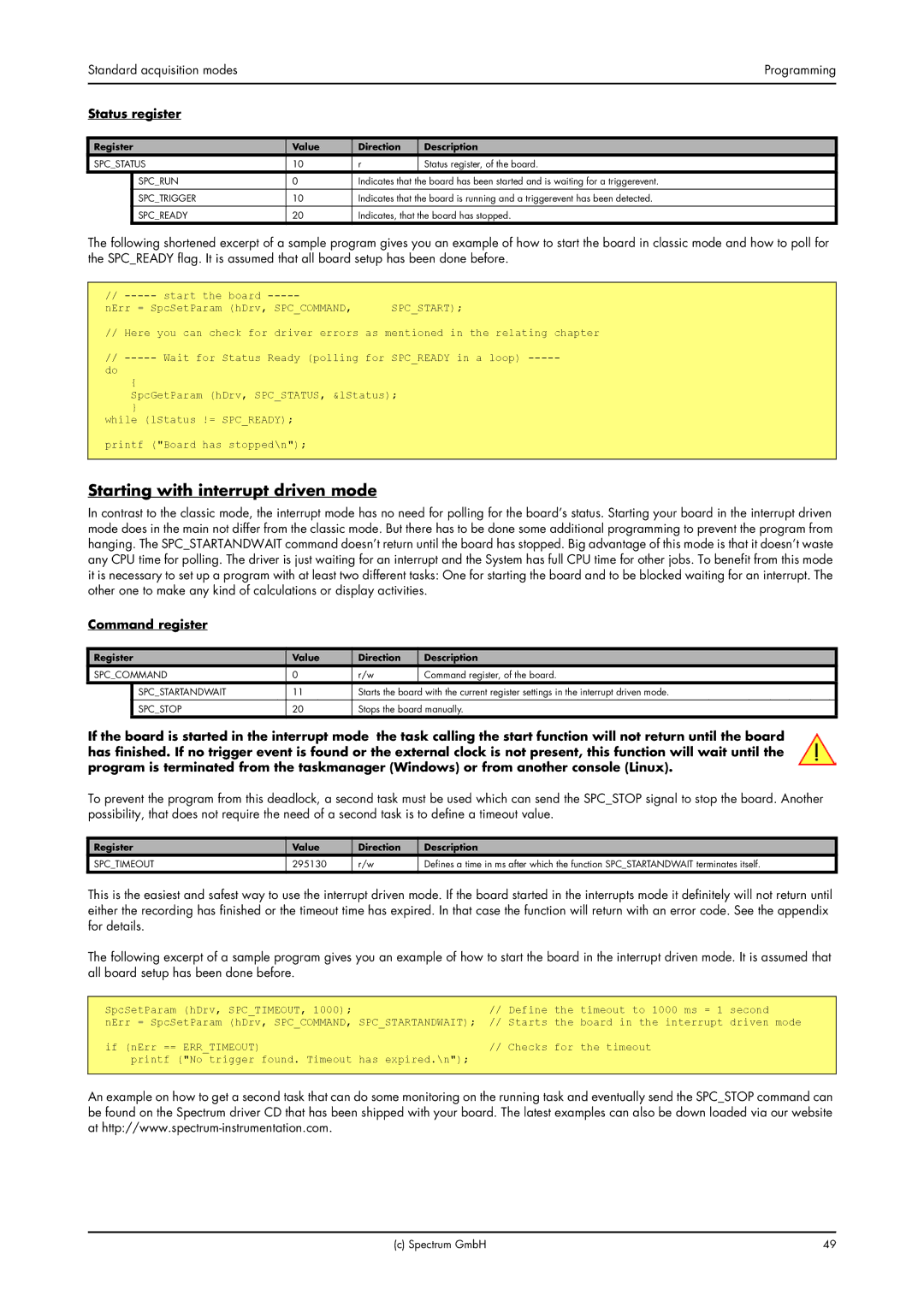 Spectrum Brands MC.31XX manual Starting with interrupt driven mode, Standard acquisition modes Programming, Status register 