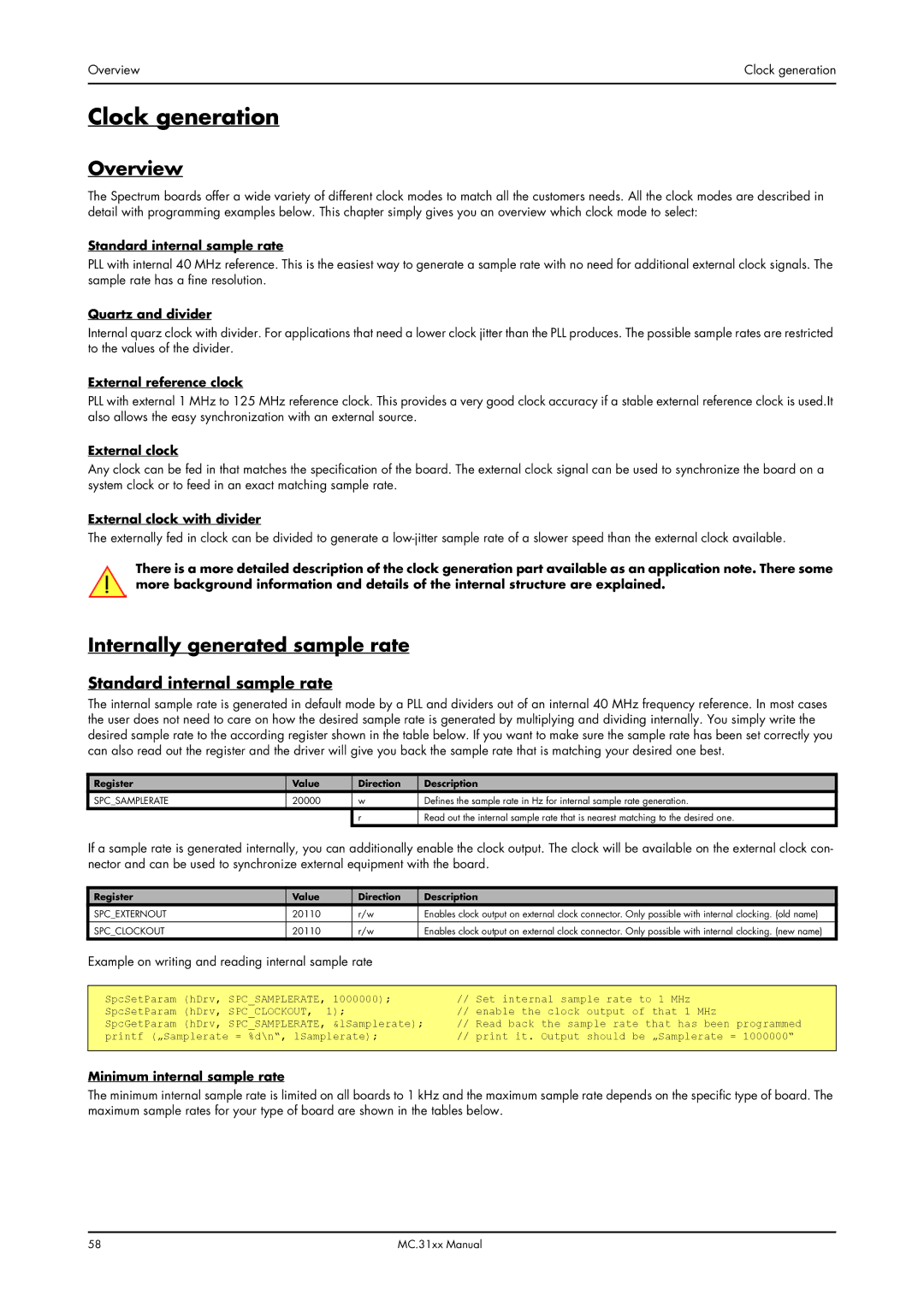 Spectrum Brands MC.31XX manual Clock generation, Internally generated sample rate, Standard internal sample rate 