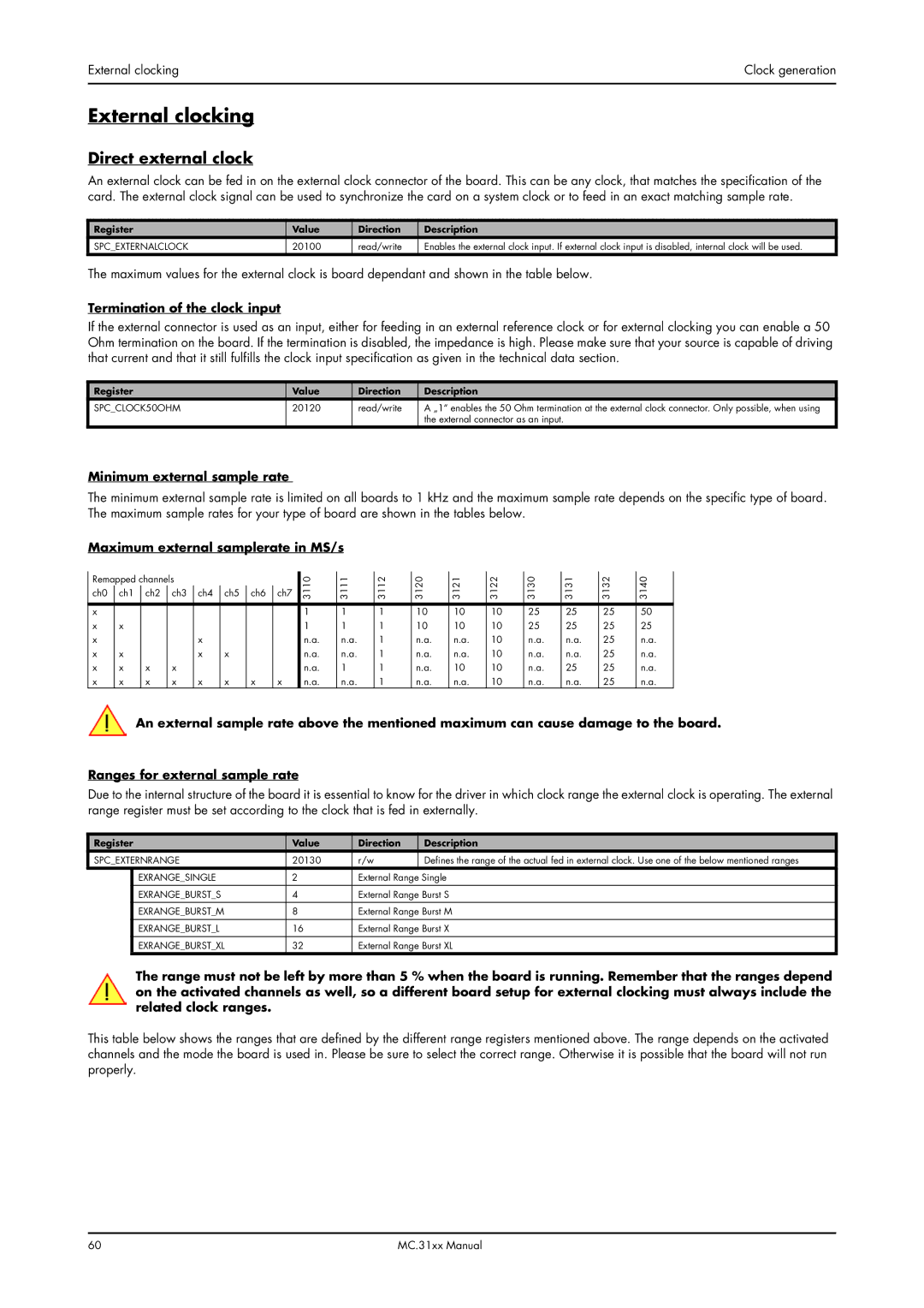 Spectrum Brands MC.31XX manual External clocking, Direct external clock, Minimum external sample rate 
