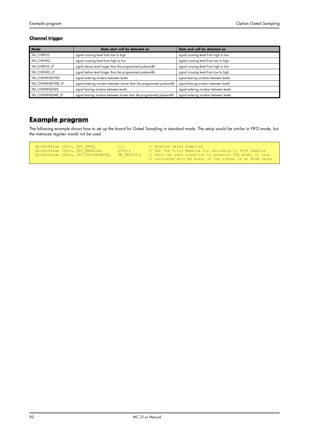 Spectrum Brands MC.31XX manual Example program Option Gated Sampling, Channel trigger, Spctriggermode Tmttlpos 