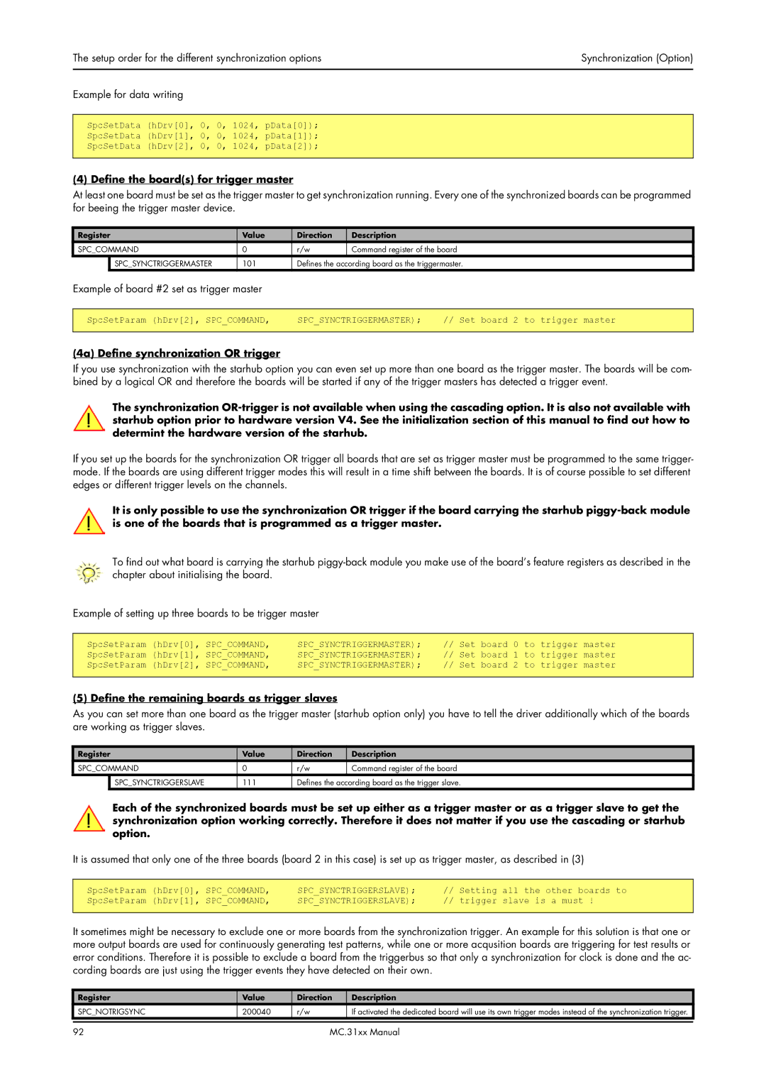 Spectrum Brands MC.31XX manual Example for data writing, Define the boards for trigger master 