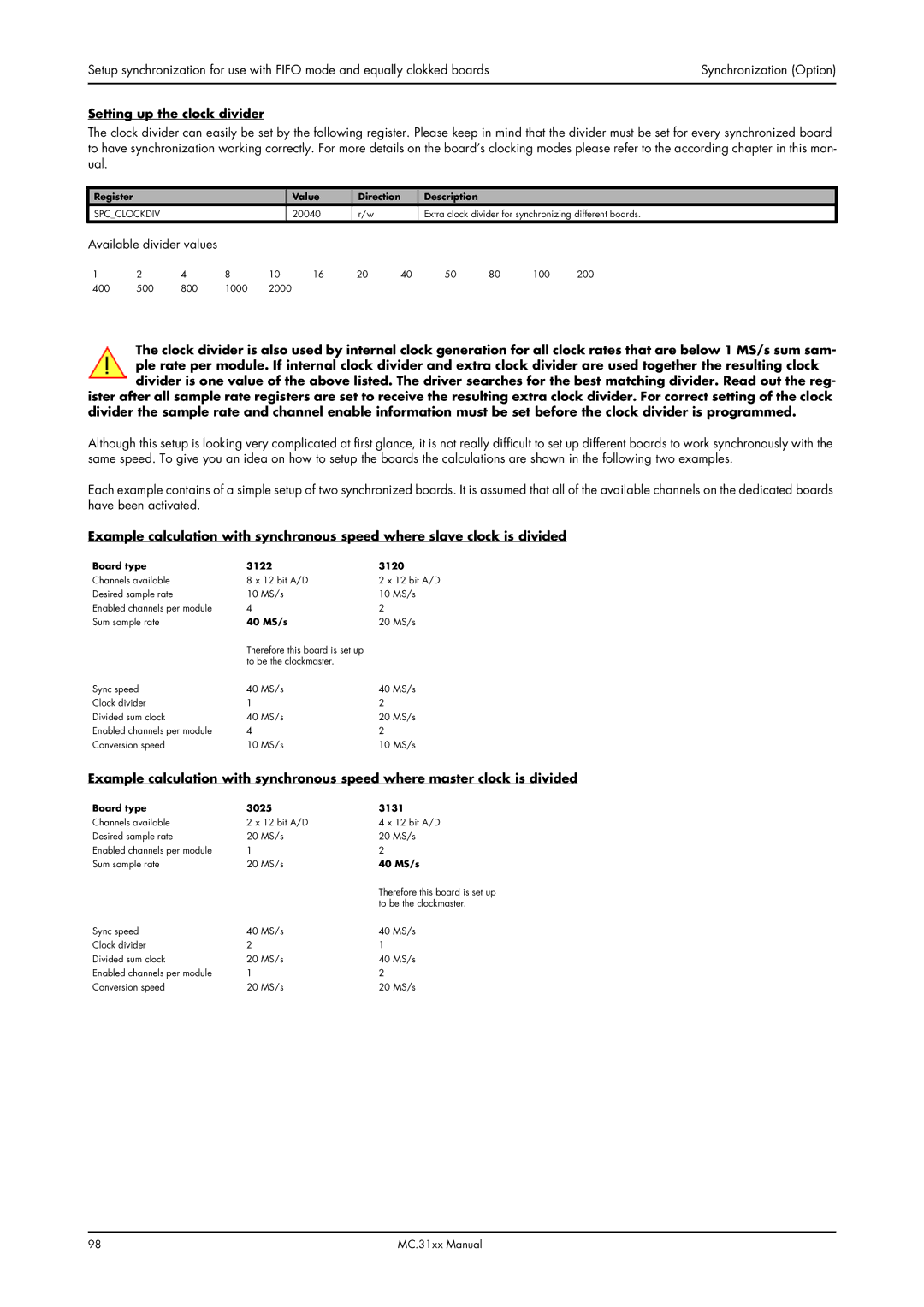 Spectrum Brands MC.31XX manual Setting up the clock divider, Board type 3122 3120, 40 MS/s, Board type 3025 3131 