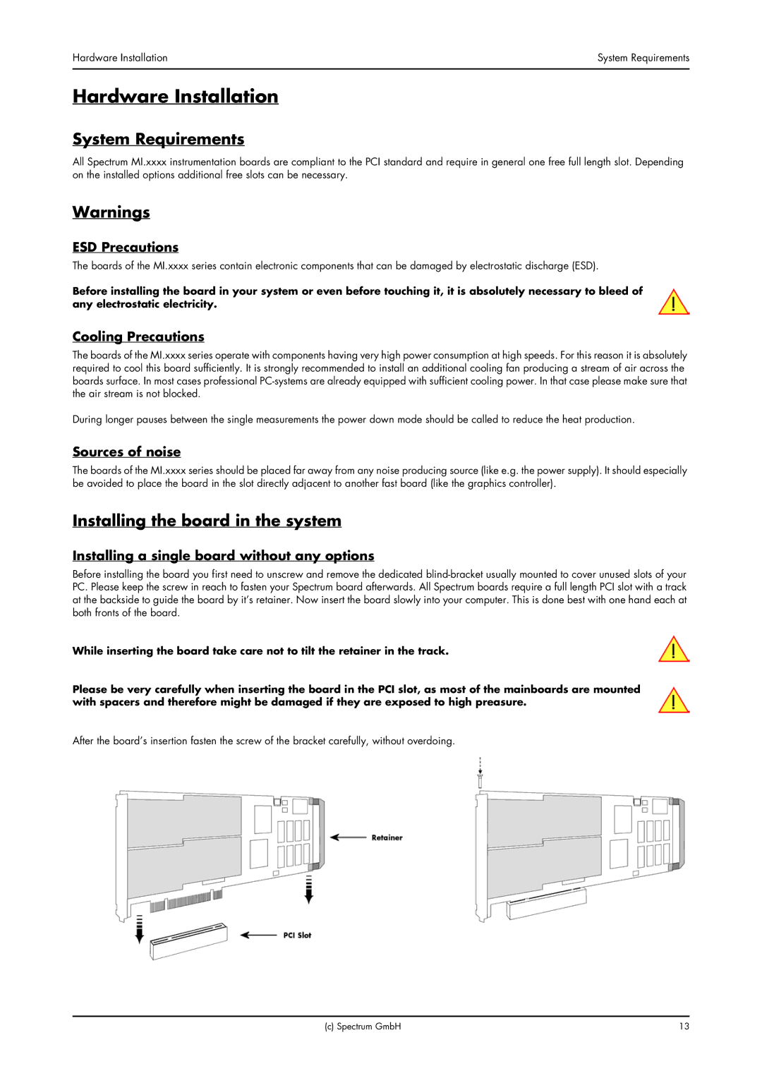 Spectrum Brands MI.61XX manual Hardware Installation, System Requirements, Installing the board in the system 