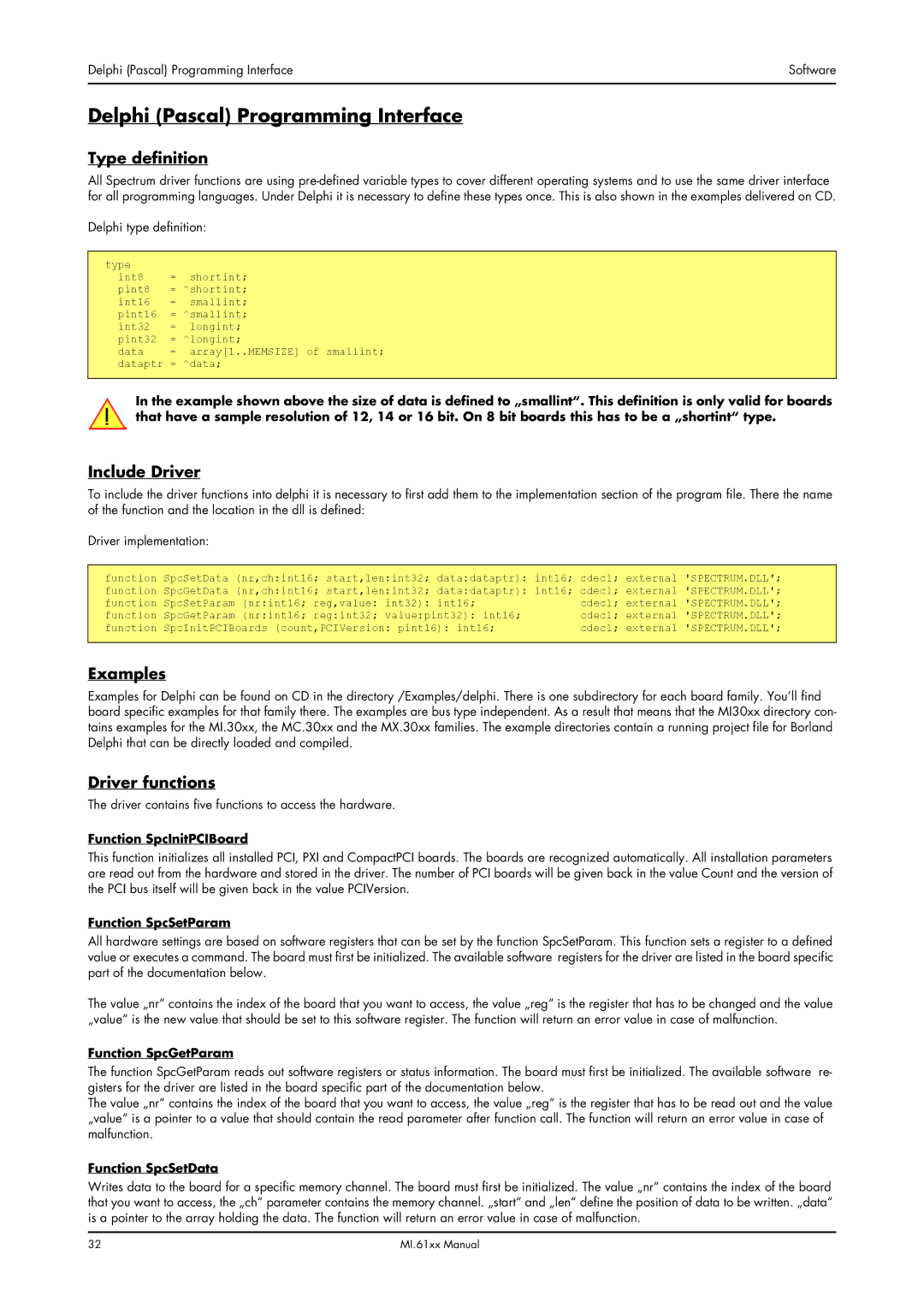 Spectrum Brands MI.61XX manual Delphi Pascal Programming Interface, Type definition, Include Driver, Examples 