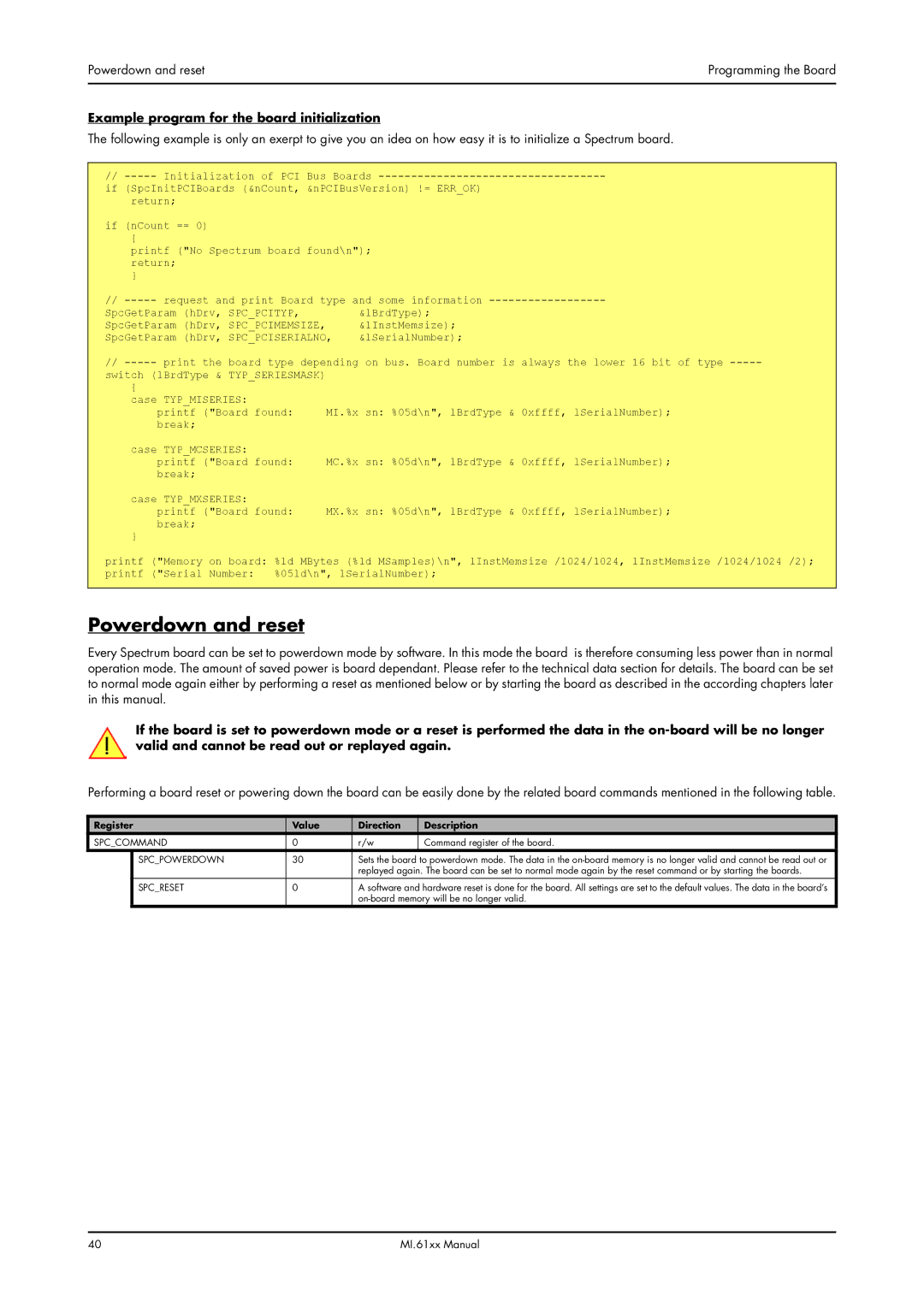 Spectrum Brands MI.61XX Powerdown and reset, Example program for the board initialization, Spcpcimemsize, Spcpciserialno 