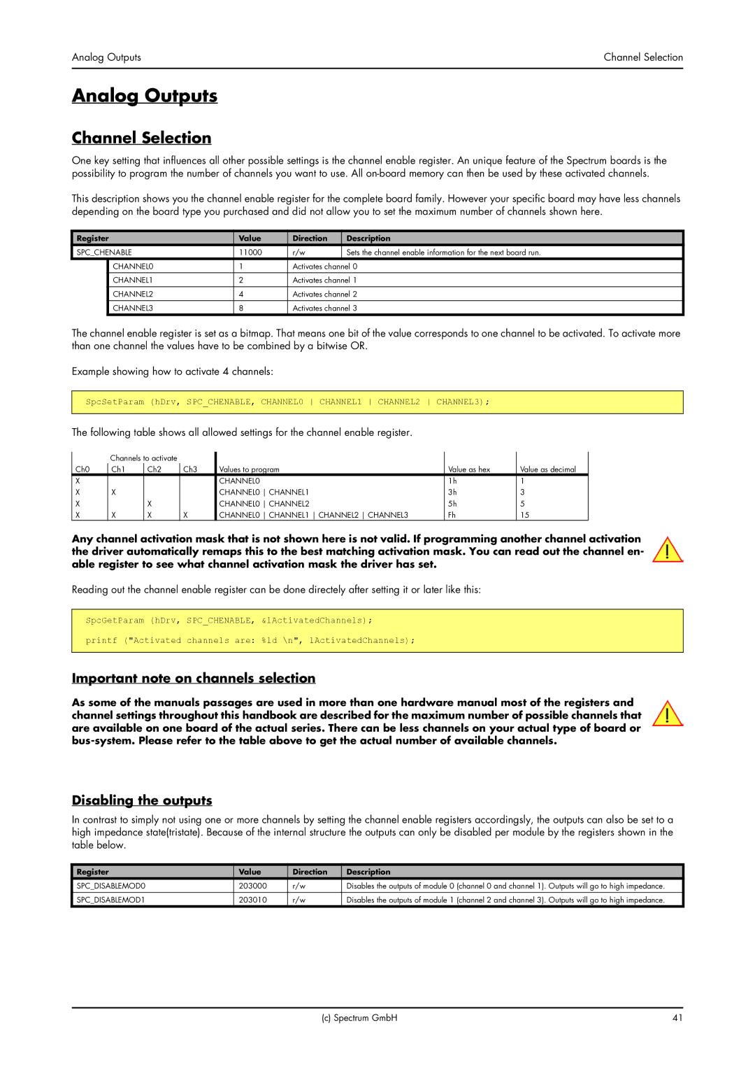 Spectrum Brands MI.61XX Analog Outputs, Channel Selection, Important note on channels selection, Disabling the outputs 