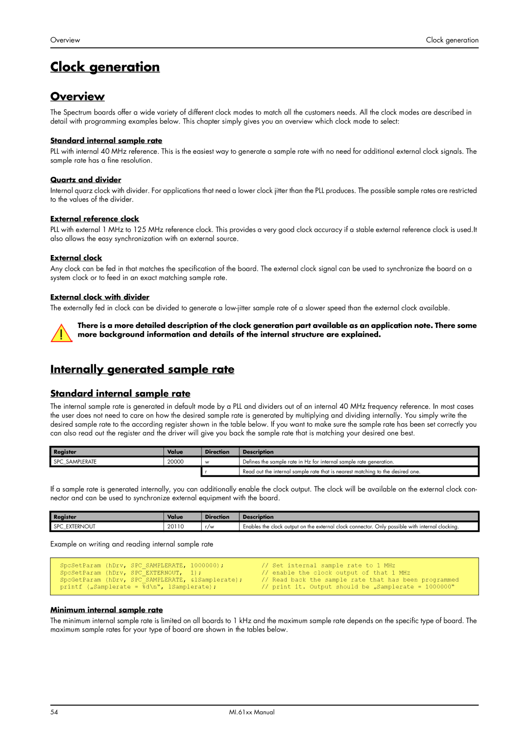 Spectrum Brands MI.61XX manual Clock generation, Internally generated sample rate, Standard internal sample rate 