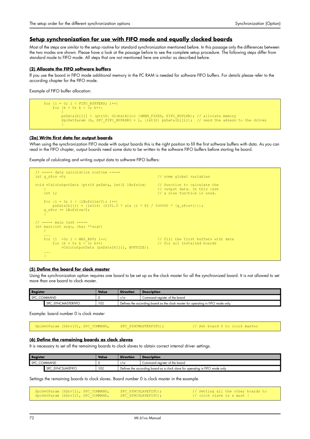 Spectrum Brands MI.61XX manual Allocate the Fifo software buffers, 2a Write first data for output boards, Spcsyncmasterfifo 