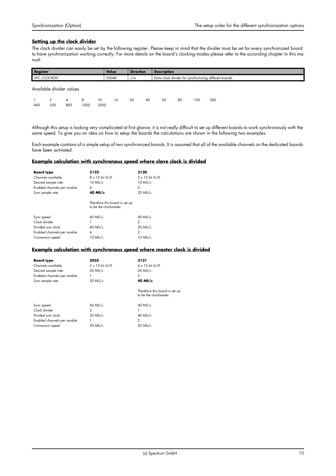 Spectrum Brands MI.61XX manual Setting up the clock divider, Board type 3122 3120, 40 MS/s, Board type 3025 3131 