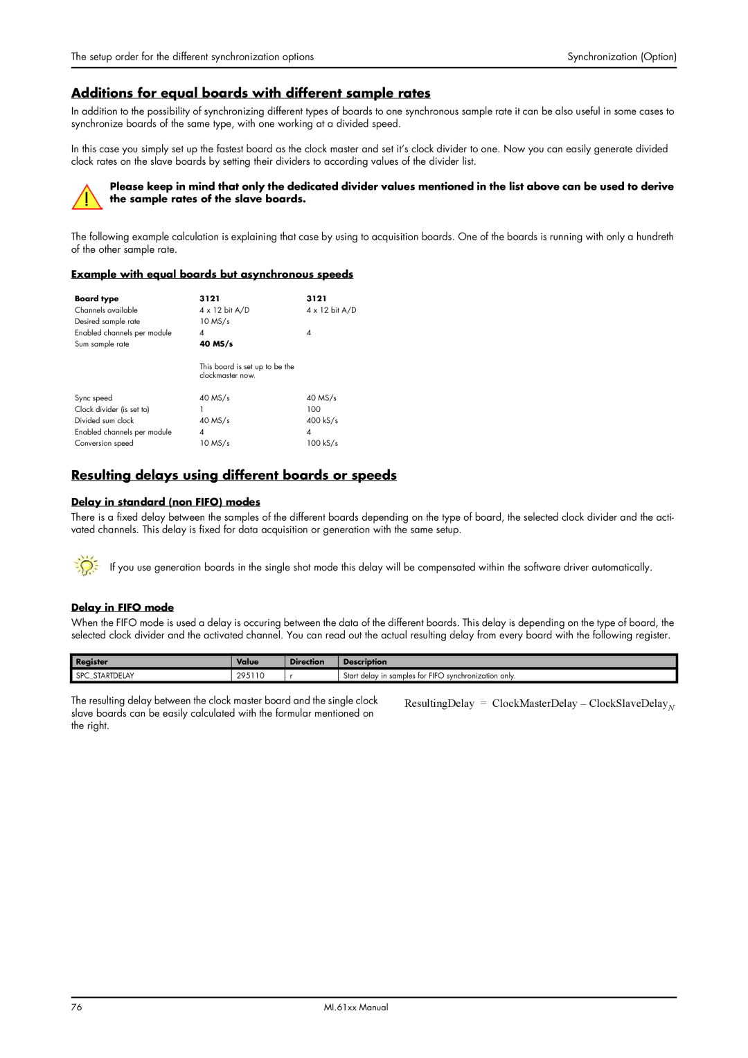 Spectrum Brands MI.61XX manual Additions for equal boards with different sample rates, Delay in standard non Fifo modes 