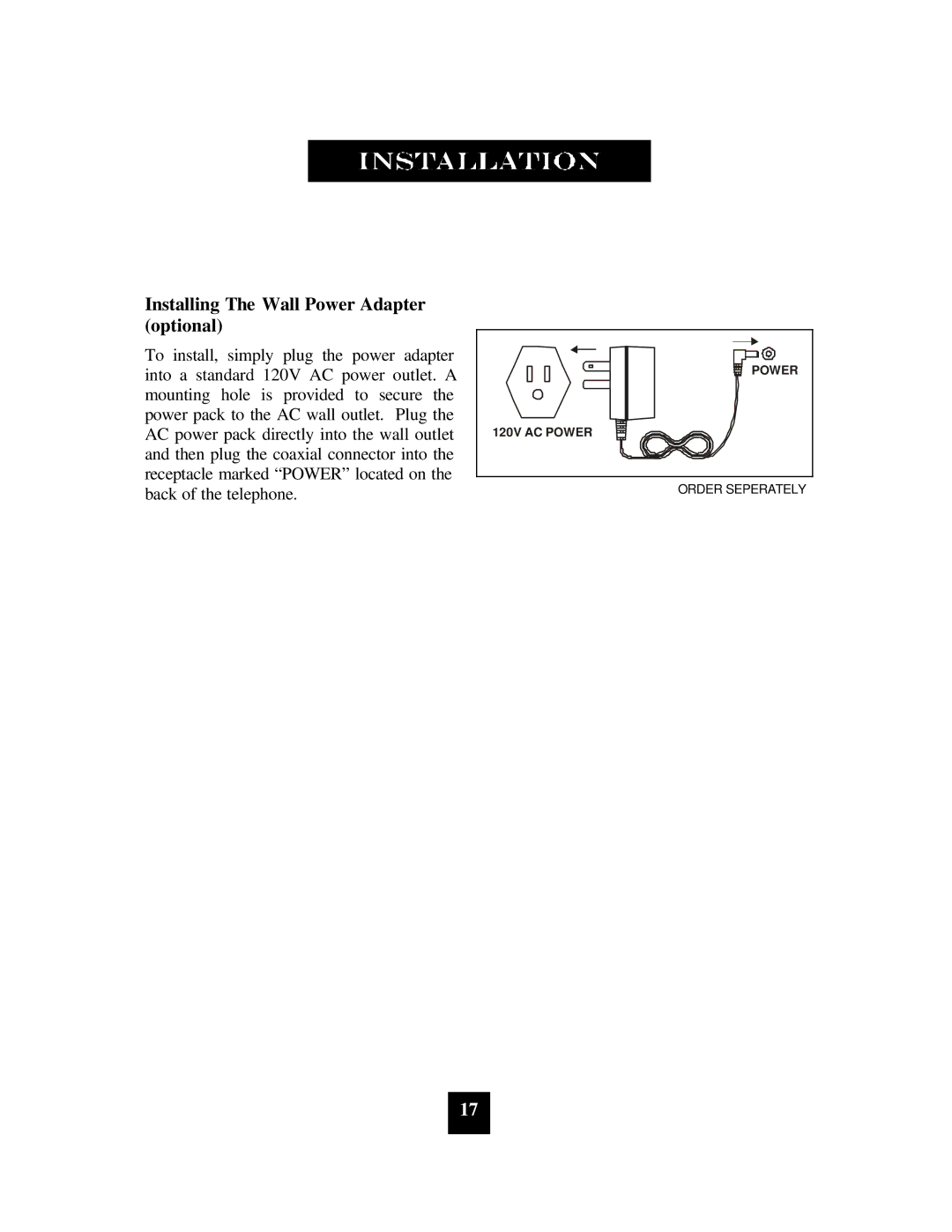 Spectrum Brands SP-400 manual Installing The Wall Power Adapter optional 