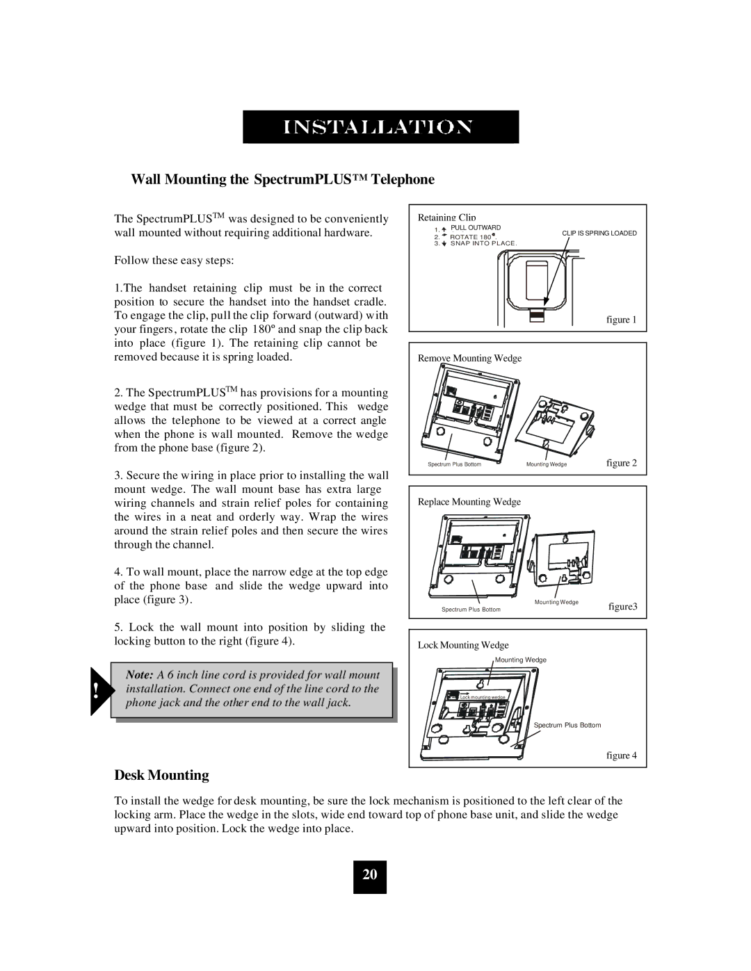 Spectrum Brands SP-400 manual Wall Mounting the SpectrumPLUSTM Telephone, Desk Mounting 