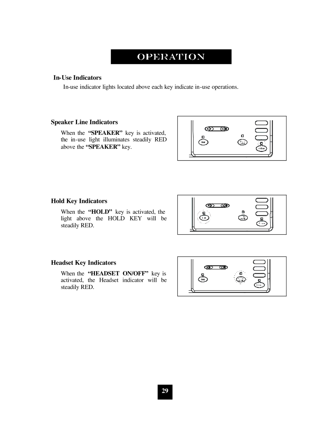 Spectrum Brands SP-400 manual In-Use Indicators, Speaker Line Indicators, Hold Key Indicators, Headset Key Indicators 