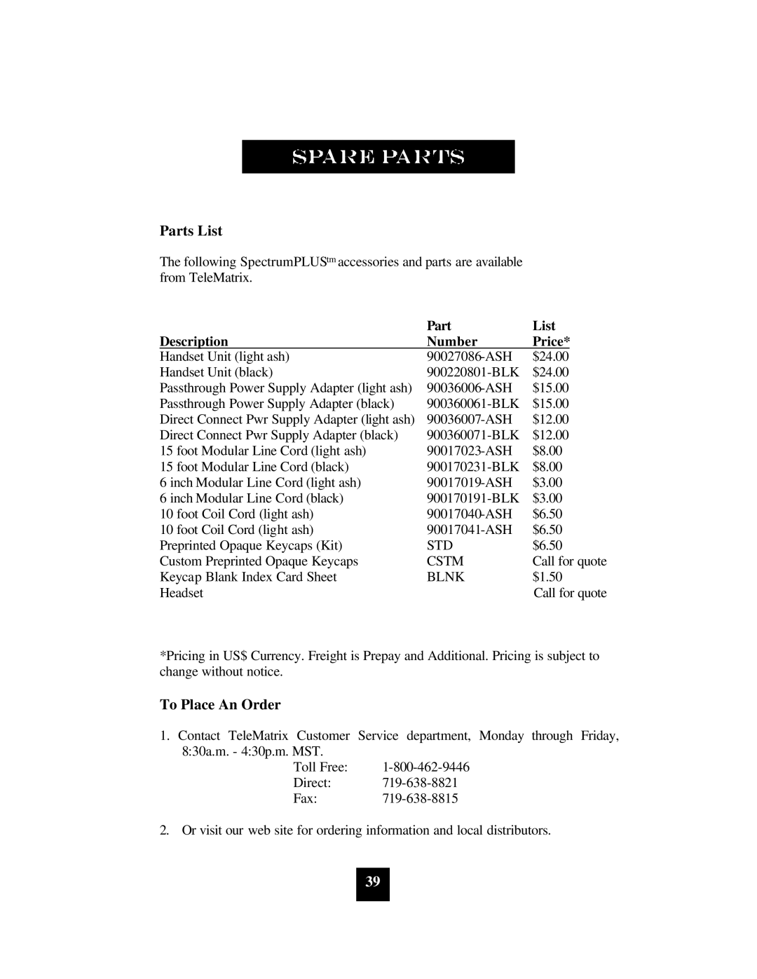 Spectrum Brands SP-400 manual Parts List, To Place An Order 