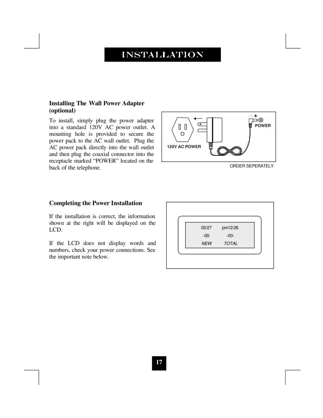 Spectrum Brands SP-550 manual Installing The Wall Power Adapter optional, Completing the Power Installation 