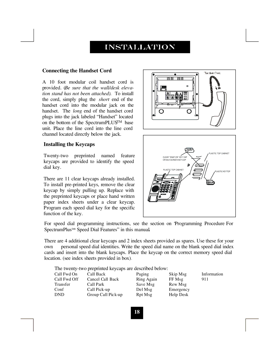 Spectrum Brands SP-550 manual Connecting the Handset Cord, Installing the Keycaps 