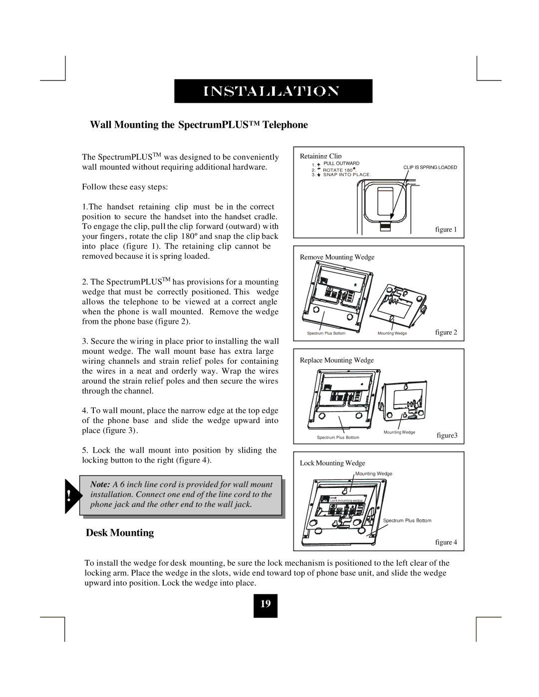 Spectrum Brands SP-550 manual Wall Mounting the SpectrumPLUSTM Telephone, Desk Mounting 