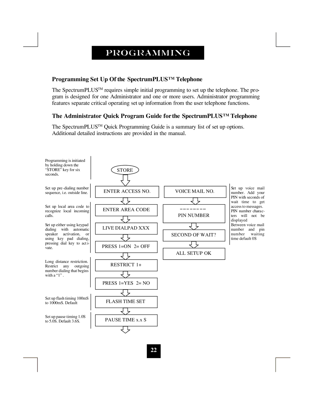 Spectrum Brands SP-550 manual Programming Set Up Of the SpectrumPLUSTM Telephone 