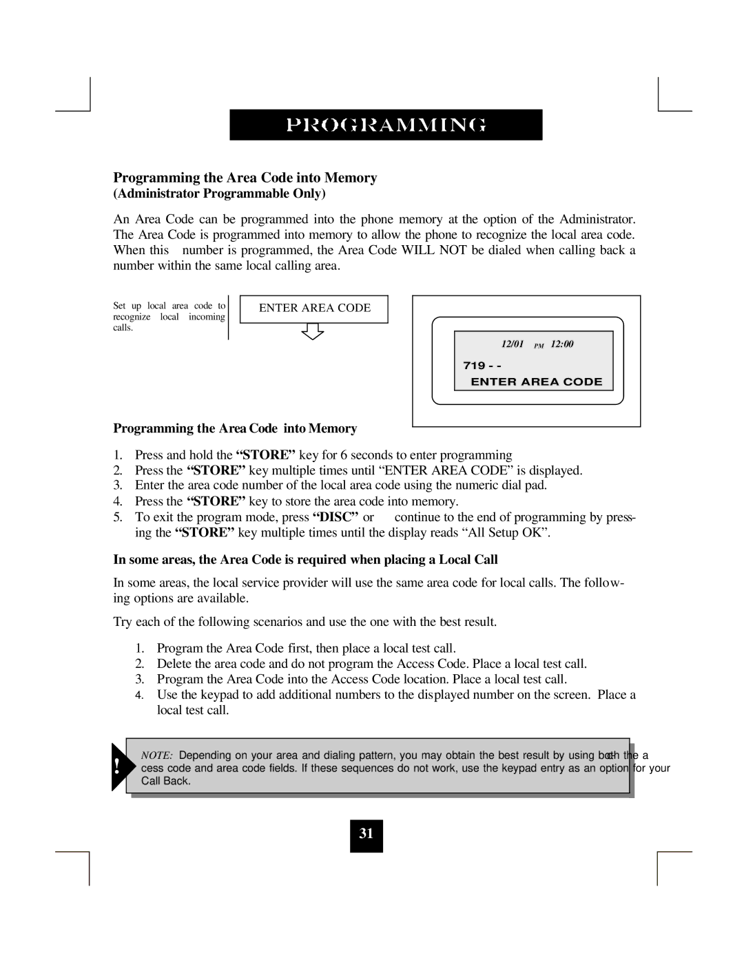 Spectrum Brands SP-550 manual Programming the Area Code into Memory 