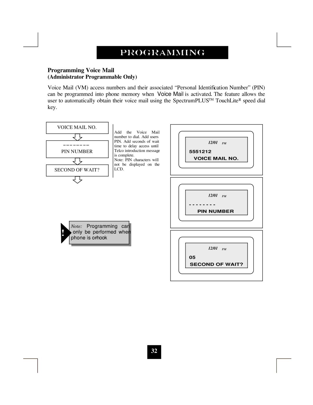 Spectrum Brands SP-550 manual Programming Voice Mail, Voice Mail no PIN Number Second of WAIT? 