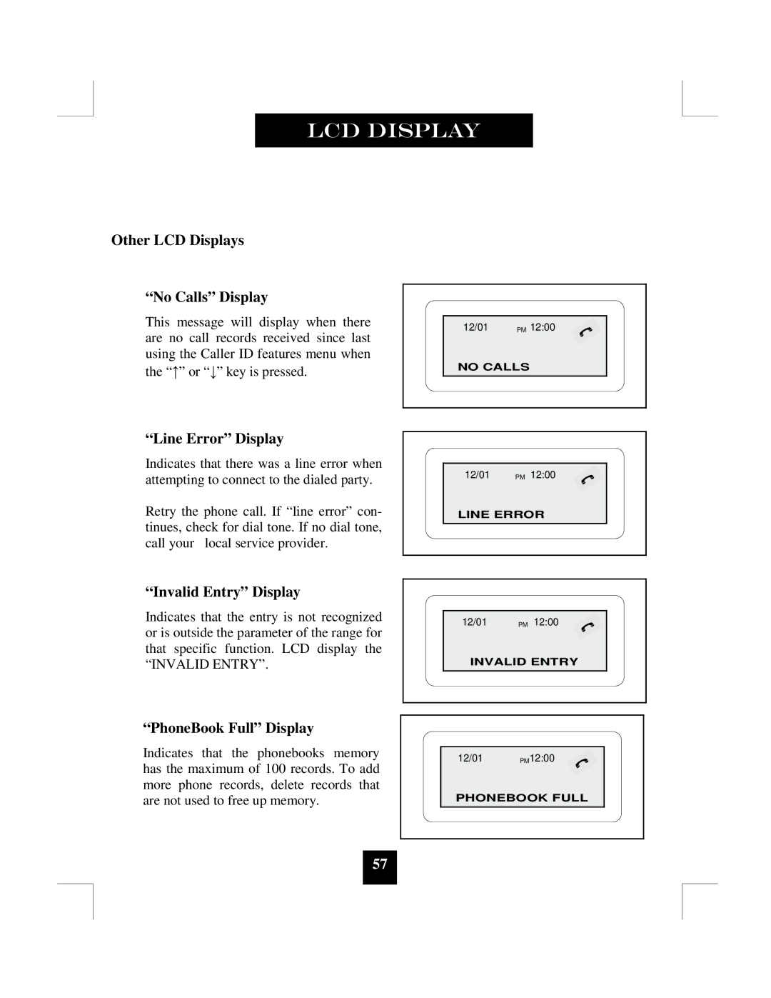 Spectrum Brands SP-550 manual Other LCD Displays No Calls Display, Line Error Display, Invalid Entry Display 