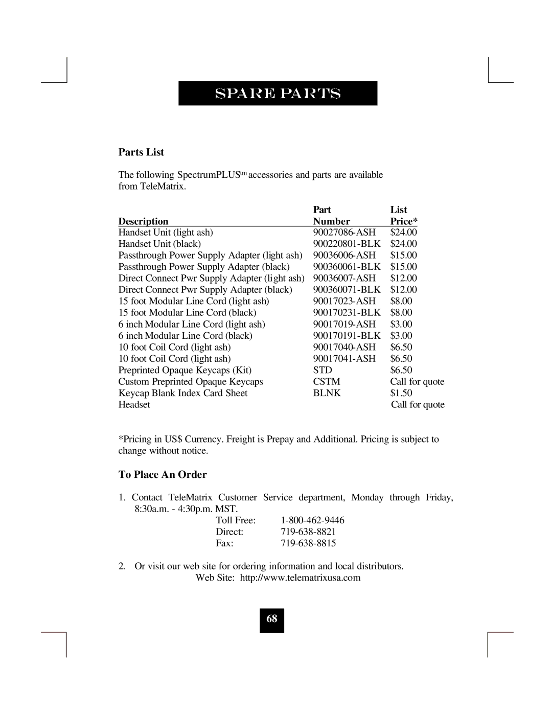 Spectrum Brands SP-550 manual Parts List, To Place An Order, Part List Description Number Price 