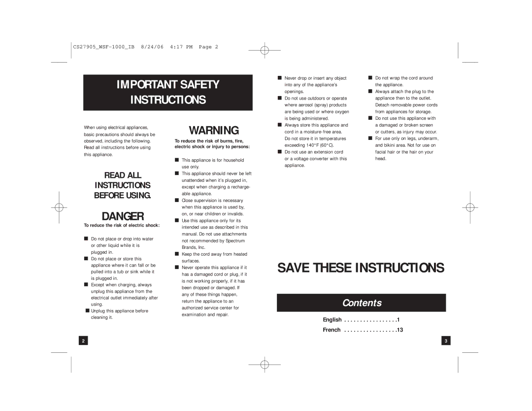 Spectrum Brands WSF-1000 manual Contents, English French, To reduce the risk of electric shock 