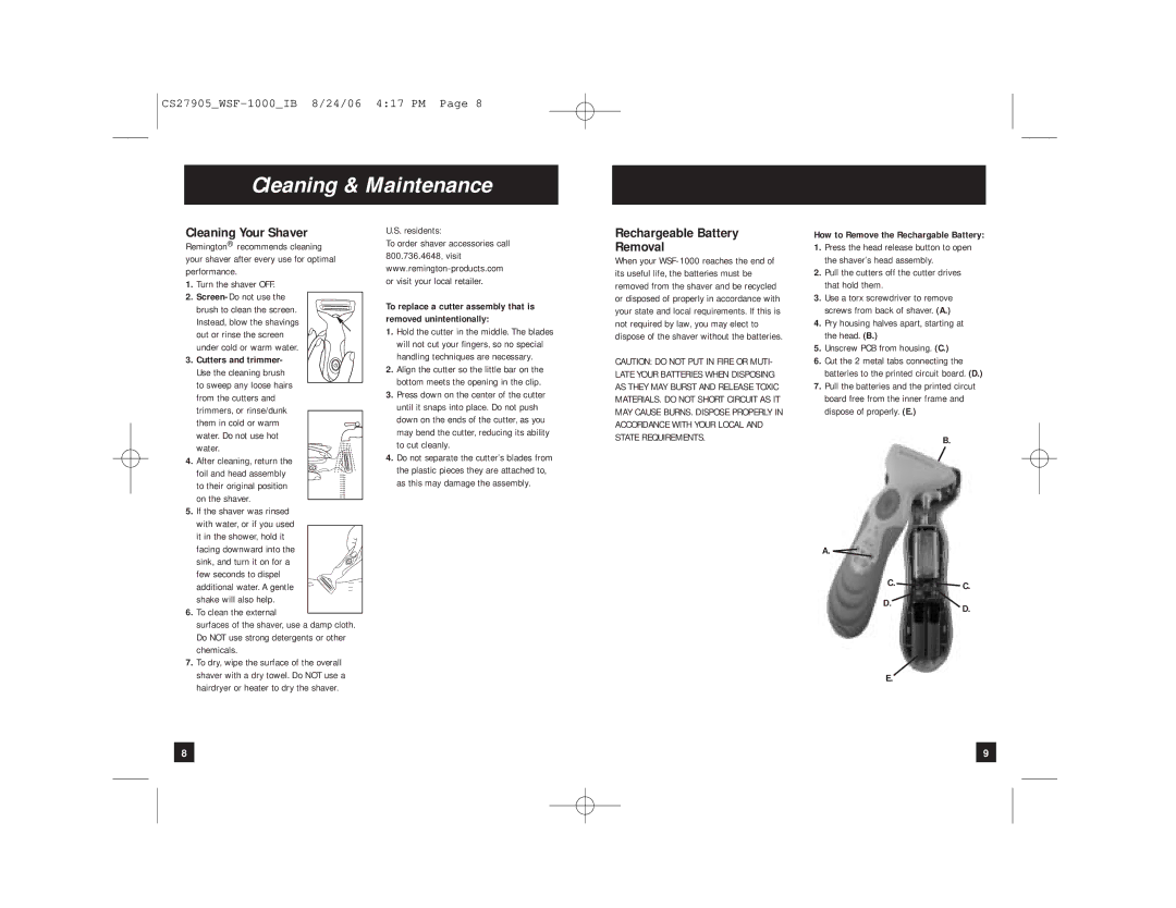 Spectrum Brands WSF-1000 Cleaning & Maintenance, Cleaning Your Shaver, Rechargeable Battery Removal, Cutters and trimmer 