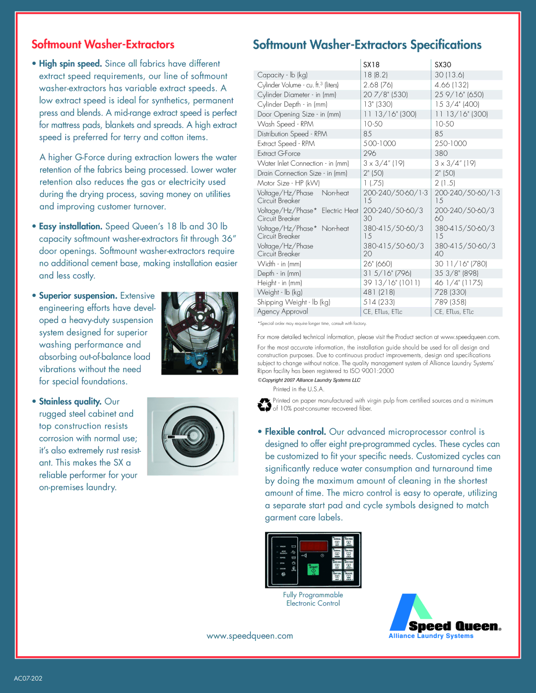 Speed Queen 18-30 lb manual Softmount Washer-Extractors Speciﬁcations 