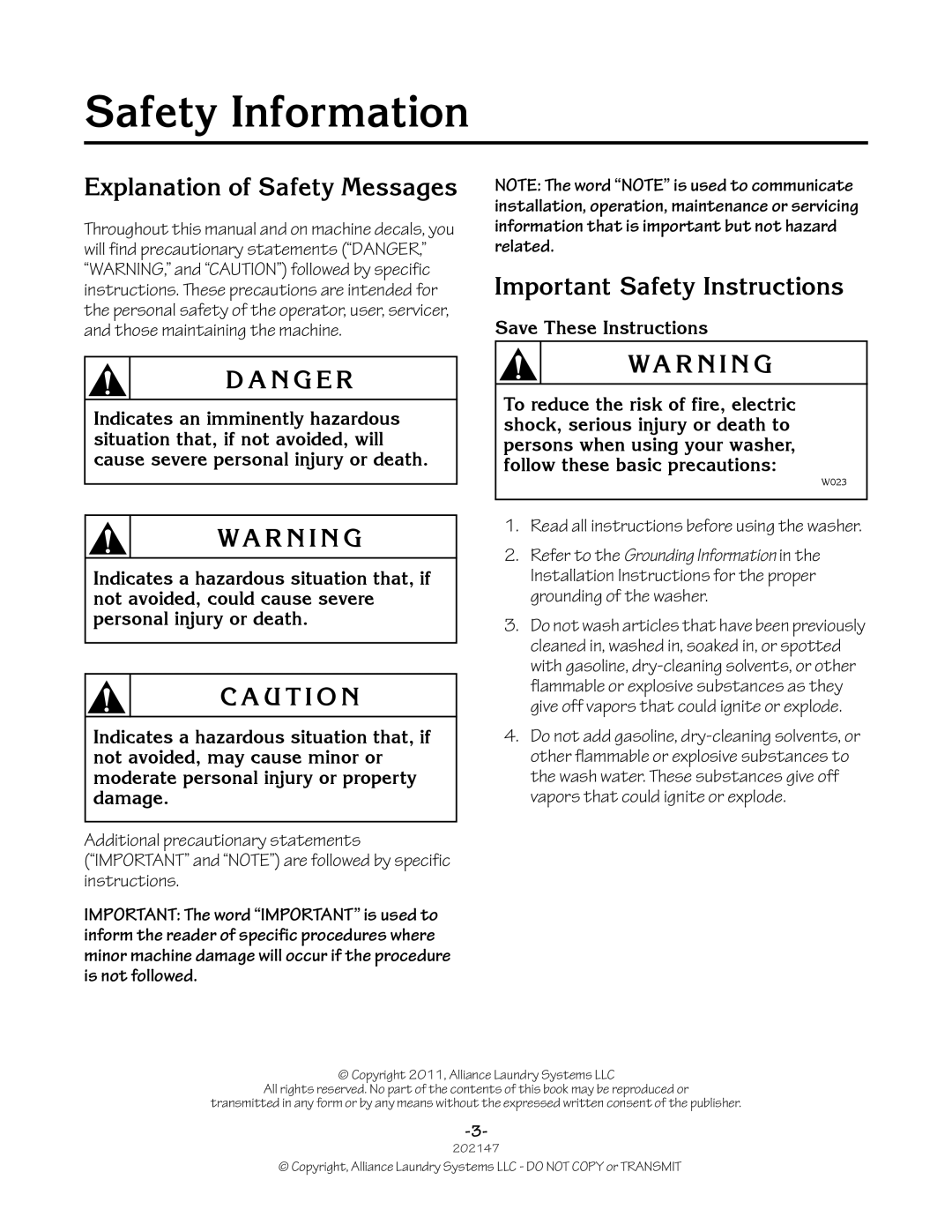 Speed Queen 202147R2 manual Safety Information, Explanation of Safety Messages, Important Safety Instructions 