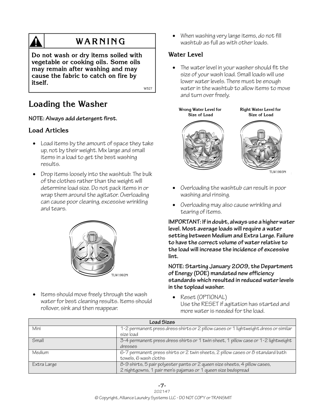 Speed Queen 202147R2 manual Loading the Washer, Water Level, Load Articles, Load Sizes 