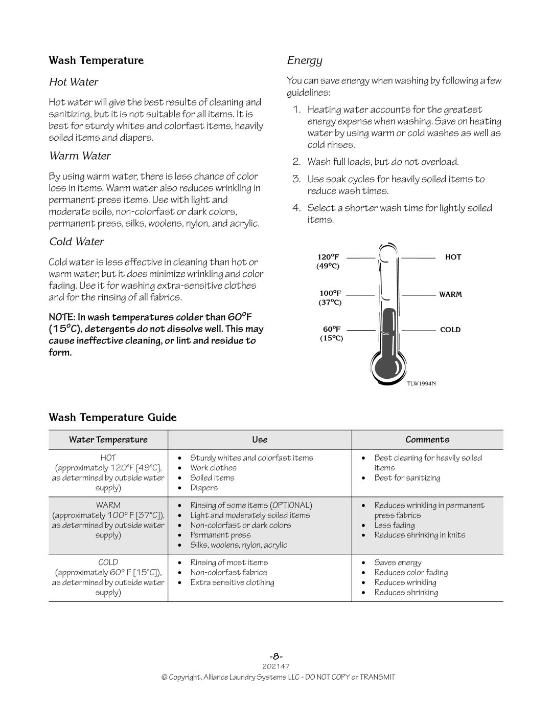 Speed Queen 202147R2 manual Wash Temperature Guide, Water Temperature Use Comments 