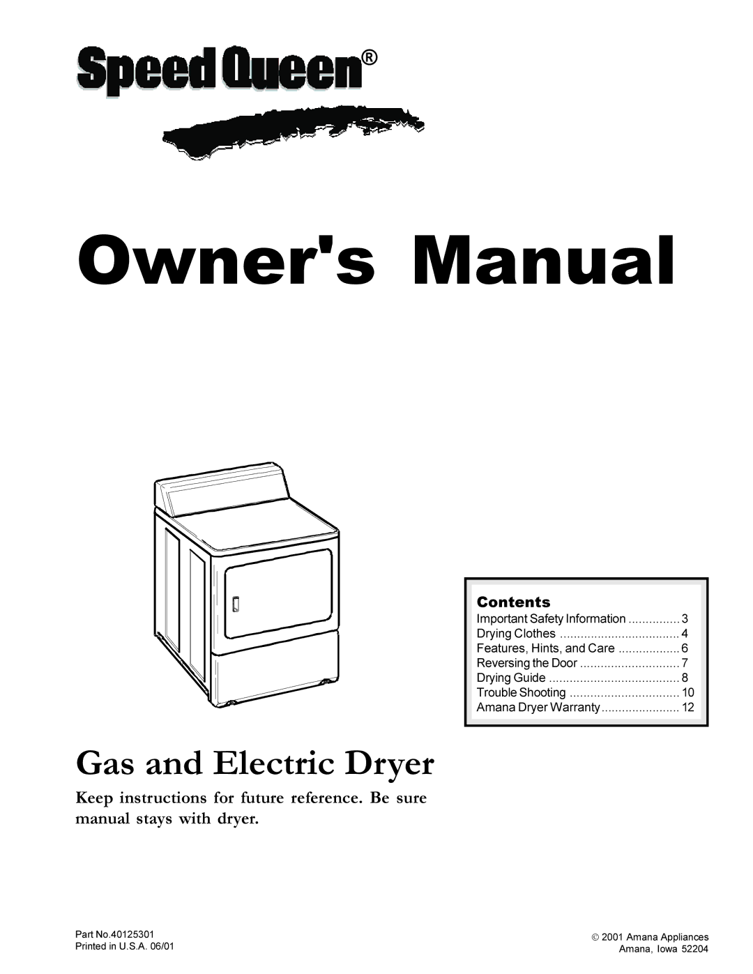 Speed Queen 40125301 owner manual Gas and Electric Dryer, Contents 