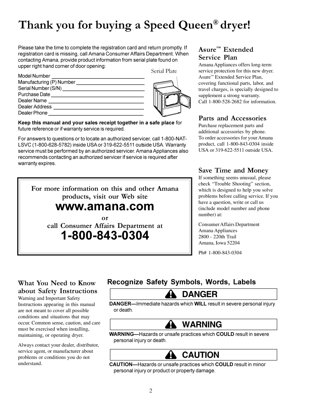 Speed Queen 40125301 Asure Extended Service Plan, Parts and Accessories, Recognize Safety Symbols, Words, Labels 