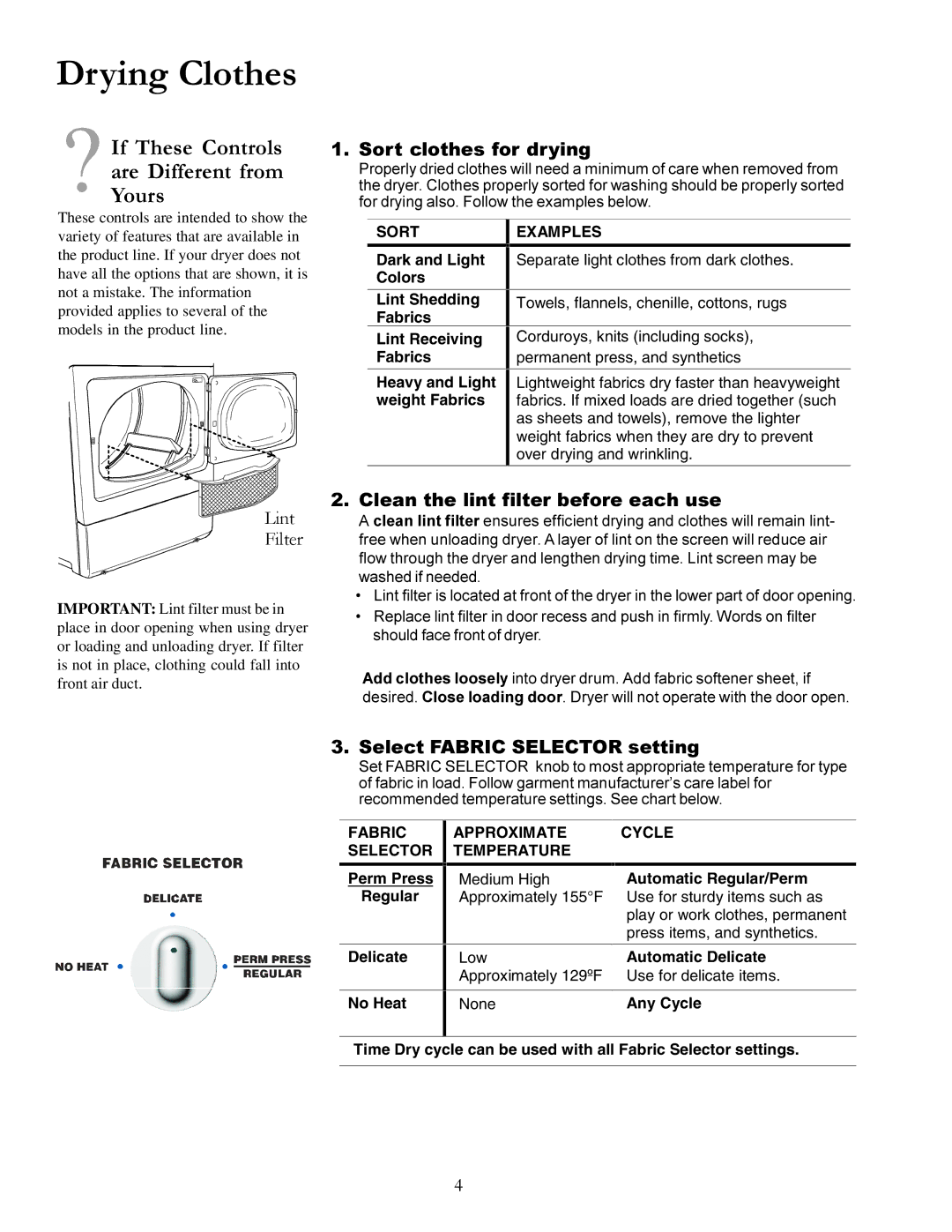 Speed Queen 40125301 owner manual Drying Clothes, Sort clothes for drying, Clean the lint filter before each use 