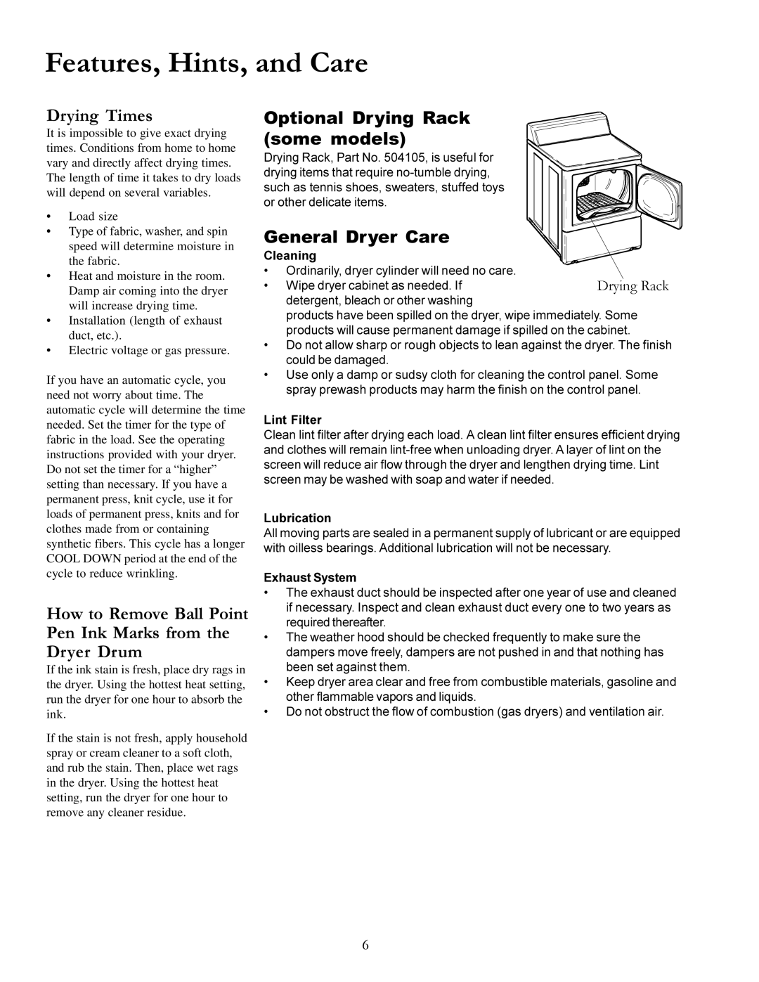 Speed Queen 40125301 owner manual Features, Hints, and Care 