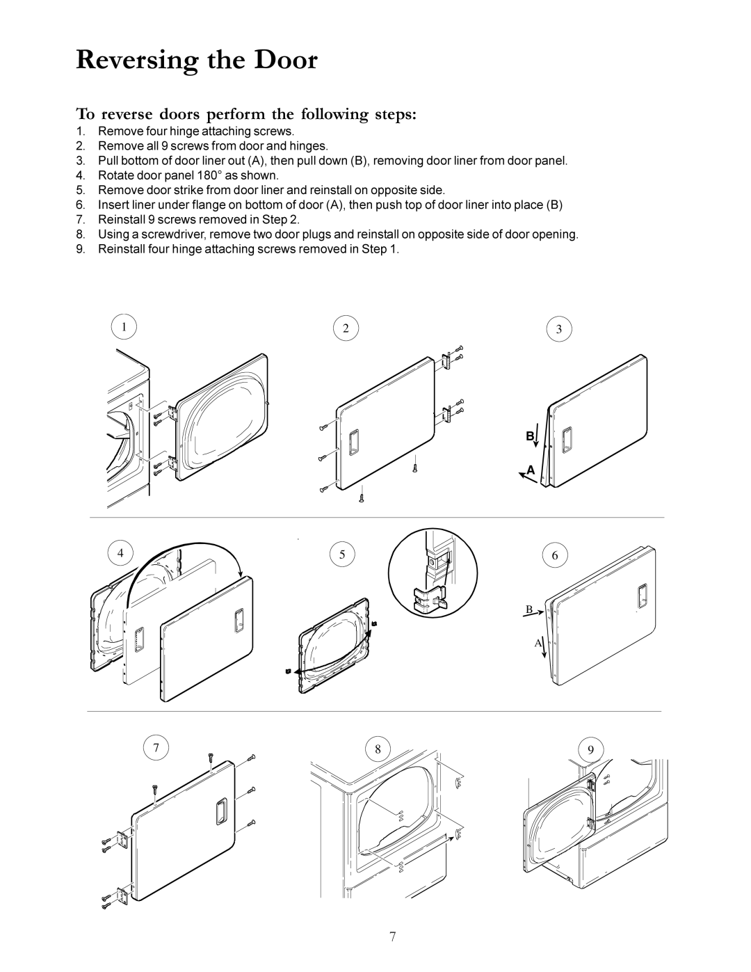 Speed Queen 40125301 owner manual Reversing the Door, To reverse doors perform the following steps 